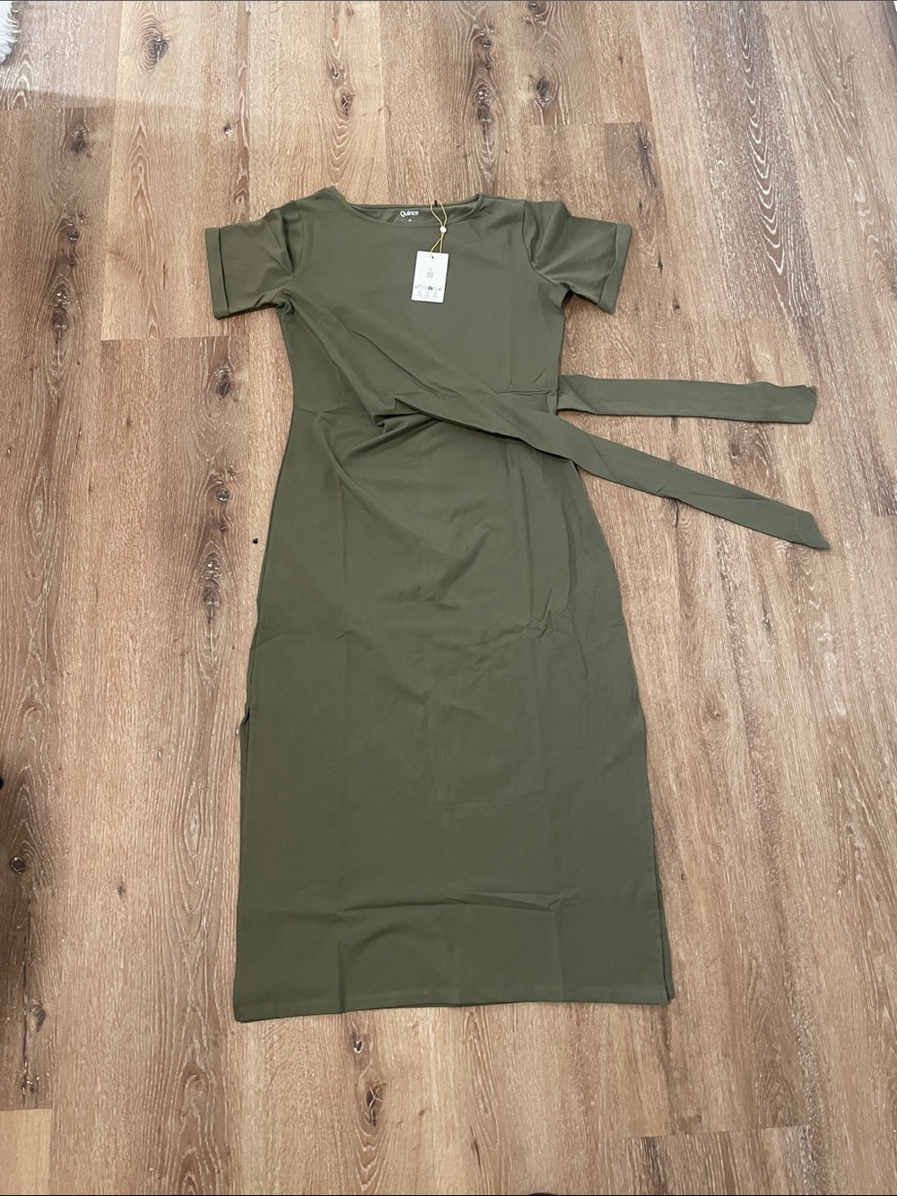 Quince Olive Wrap Tie Midi Dress